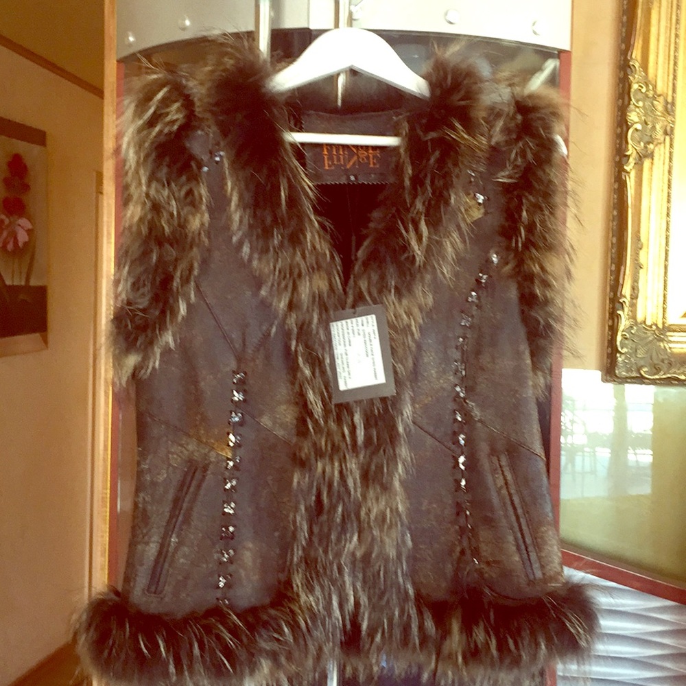 Real Fur  Shearling Vest  with raccoon  fur